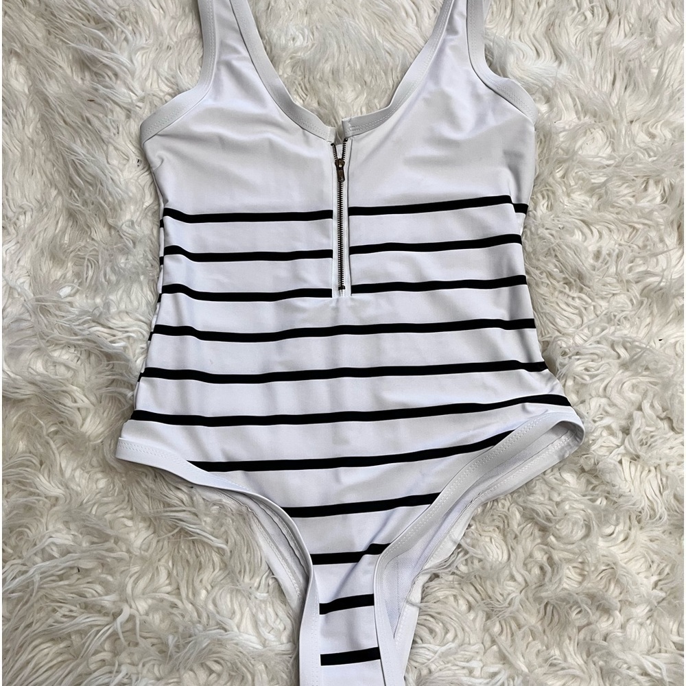 Women’s White Stripe One-Piece Swimsuit with Front Zip
